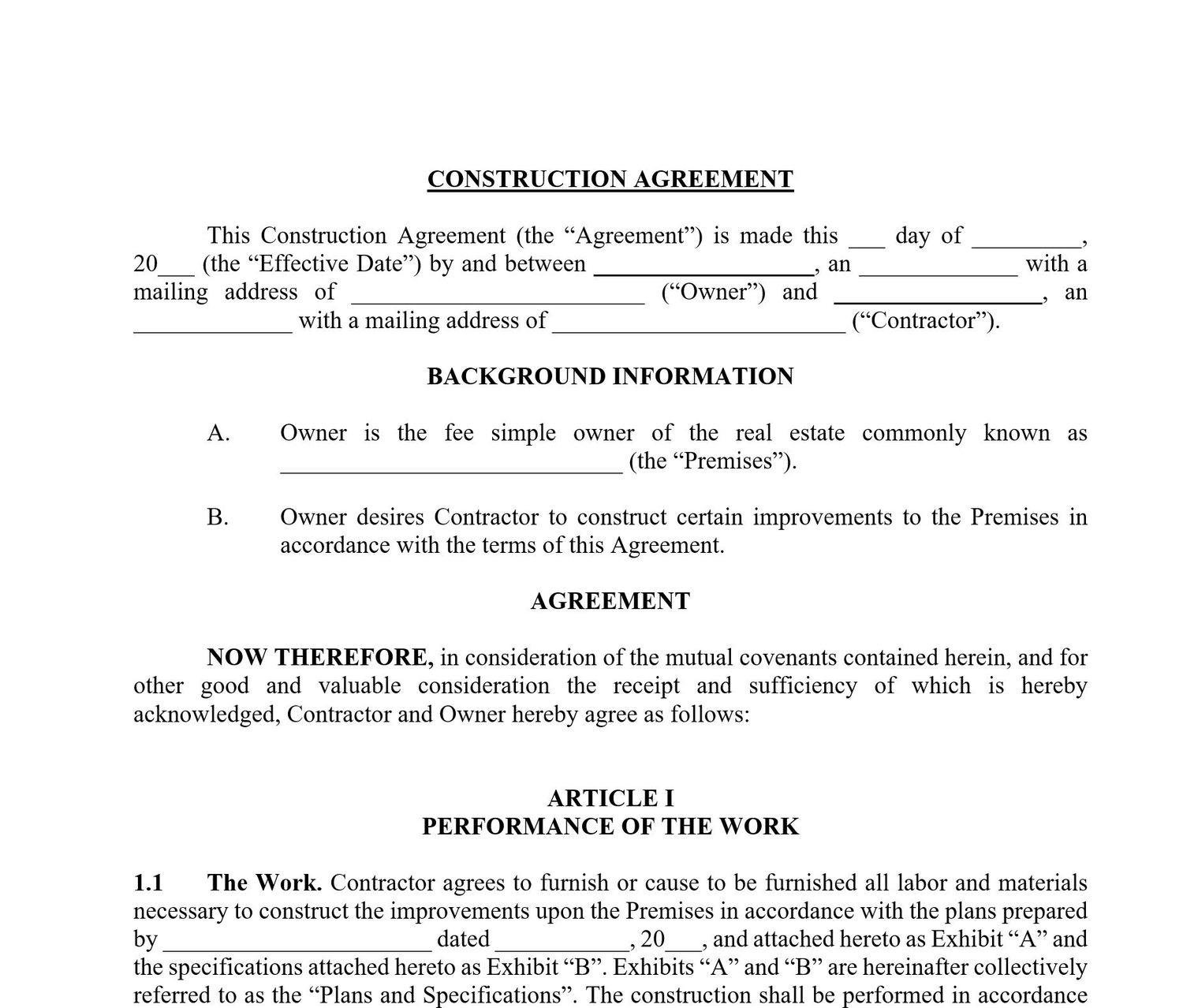 Construction Contract Template ApproveMe Free Contract Templates
